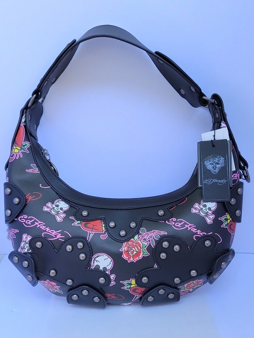 Ed Hardy Black Floral Skull Studded Hobo Bag